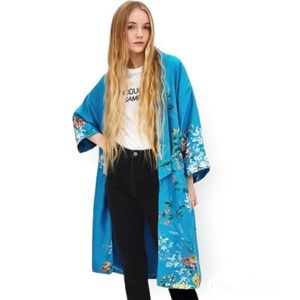 Zara Blue and Floral Open Front Kimono Duster Style Robe Satin Jacket